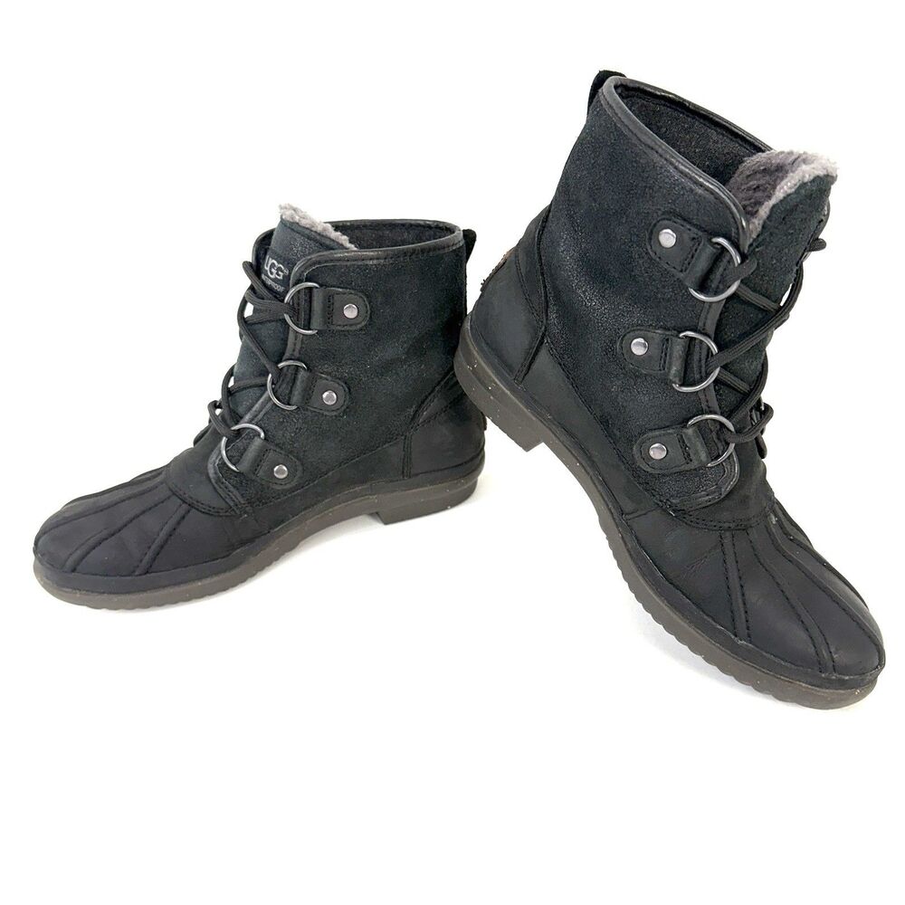 UGG Australia Cecile Waterproof Duck Boots Womens Size 6 Black Lace Up 1007999